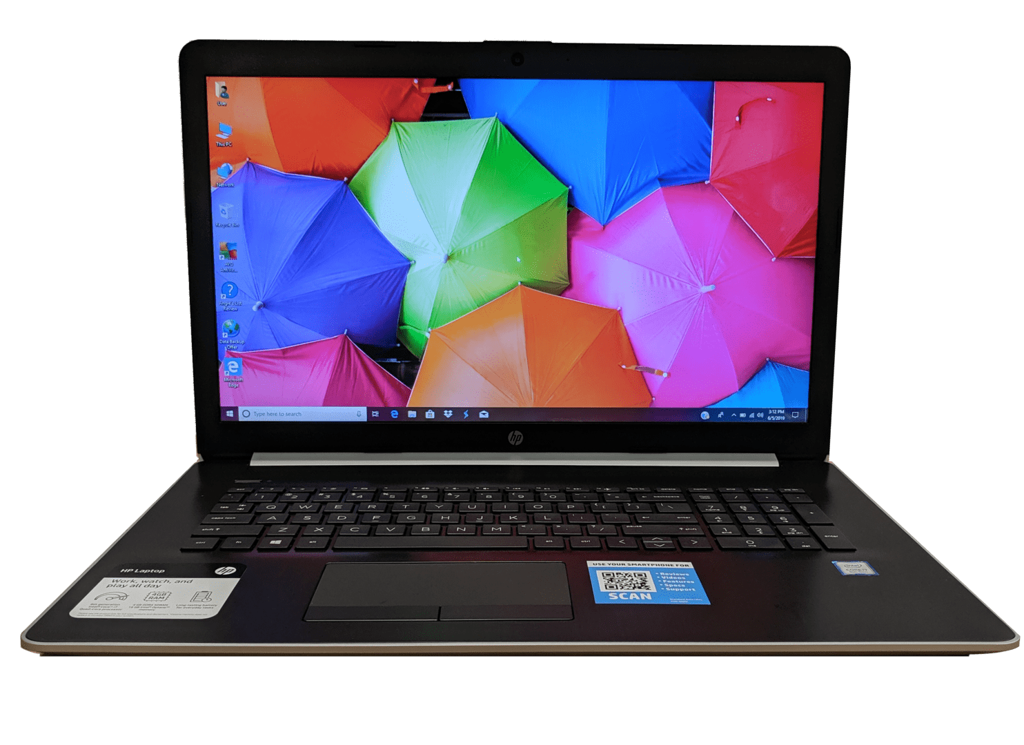 Open laptop displaying vibrant umbrellas