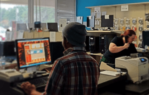 Busy tech support office environment